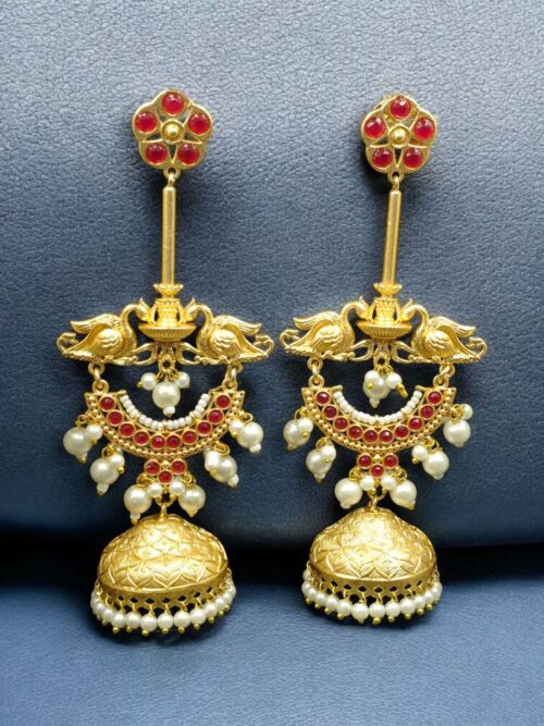 Luxury Kashmiri Jhumka Earrings | Gold Plated Stone & Pearl Work Dangler Traditional Jewelry - "Baby Pink"-DCE750J904275