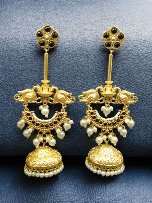 Luxury Kashmiri Jhumka Earrings | Gold Plated Stone & Pearl Work Dangler Traditional Jewelry - "Baby Pink"-DCE750J904275