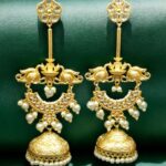 Luxury Kashmiri Jhumka Earrings | Gold Plated Stone & Pearl Work Dangler Traditional Jewelry - "Baby Pink"-DCE750J904275
