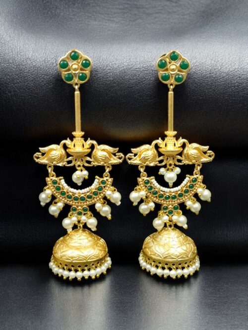 Luxury Kashmiri Jhumka Earrings | Gold Plated Stone & Pearl Work Dangler Traditional Jewelry - "Baby Pink"-DCE750J904275