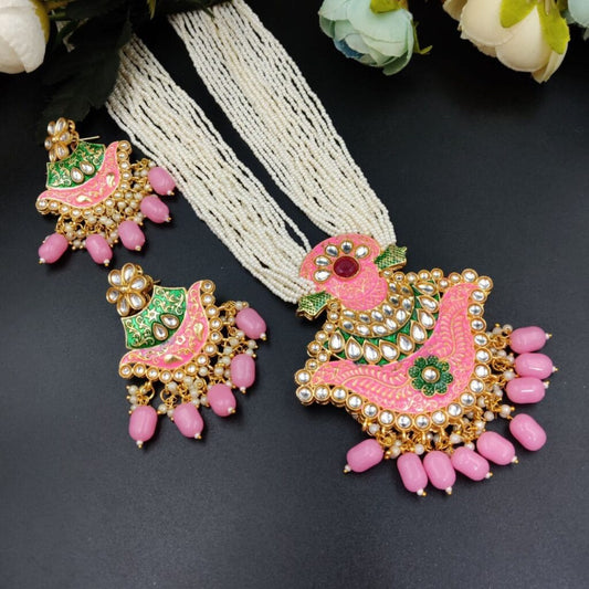 Elegant Long Necklace with Kundan Meena Best Stones & Pearls – Ethnic Jewelry Set - "Baby Pink"